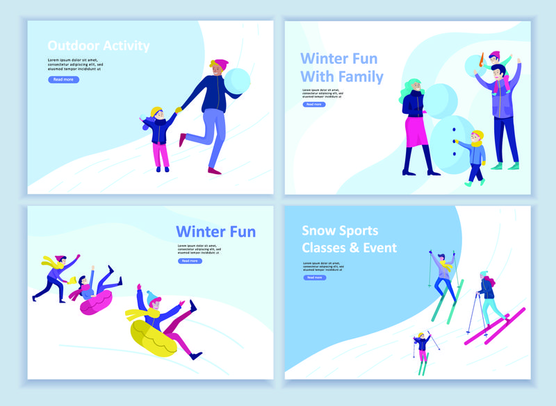 登录页模板集-人们穿着冬装或外套进行户外活动-乐趣无穷-雪节-雪橇或滑雪板-圣诞家庭滑雪滑冰-滑雪极限运动