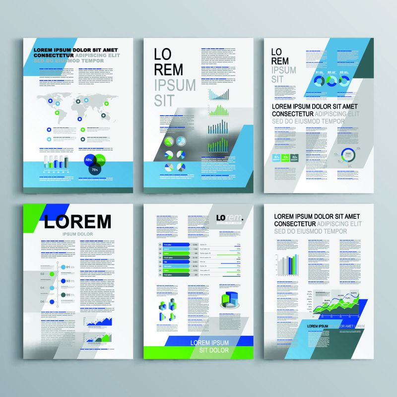 绿色和蓝色几何形状的白色小册子模板设计-封面布局和信息图形