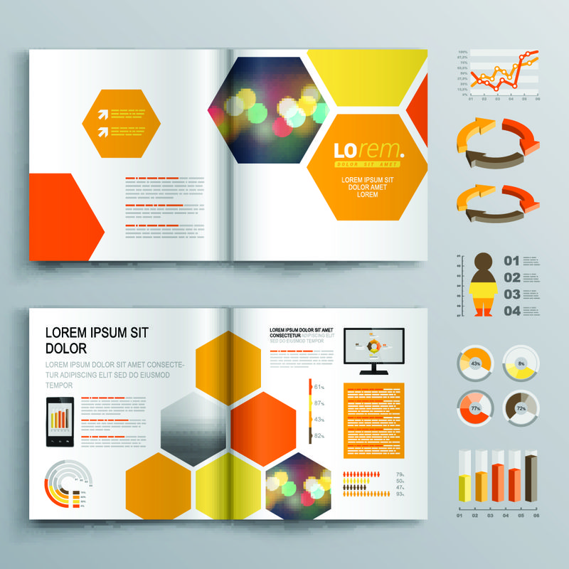 白色几何小册子模板设计-橙色和黄色蜂巢-封面布局和信息图形
