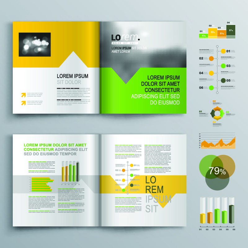 白色小册子模板设计-绿色、橙色和黄色形状-封面布局和信息图形