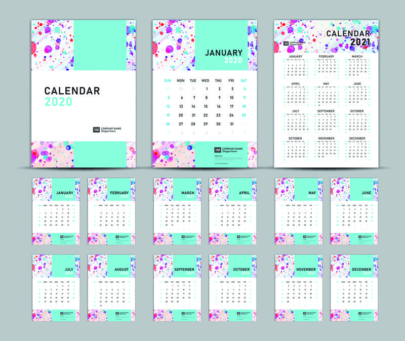 设置桌面日历2020模板向量，柔和概念，日历
