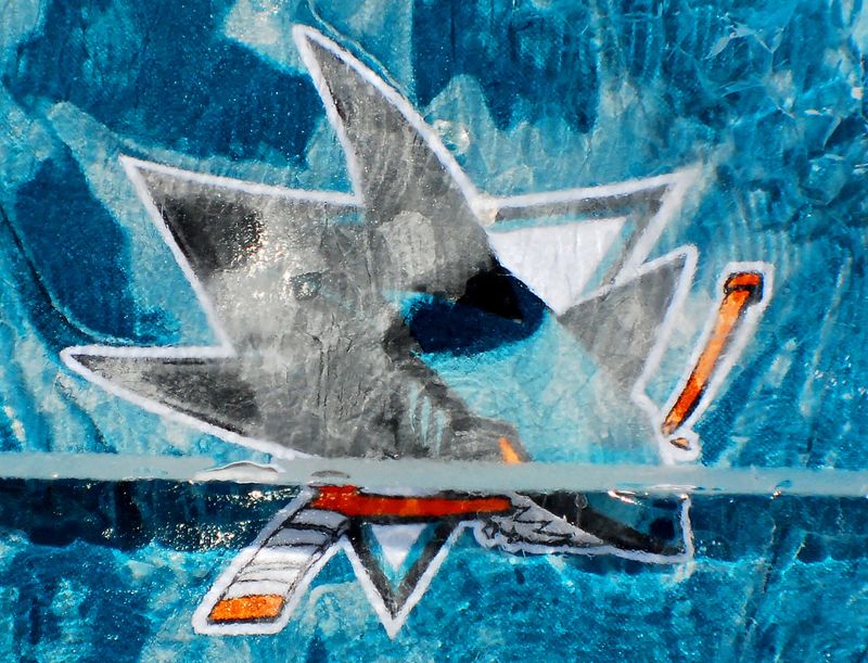 加拿大蒙特利尔1月24日：圣何塞鲨鱼队球衣在一个冰块前面的蒙特利尔加拿大人莫尔森中心为57E全明星赛2009年1月24日在加拿大蒙特利尔