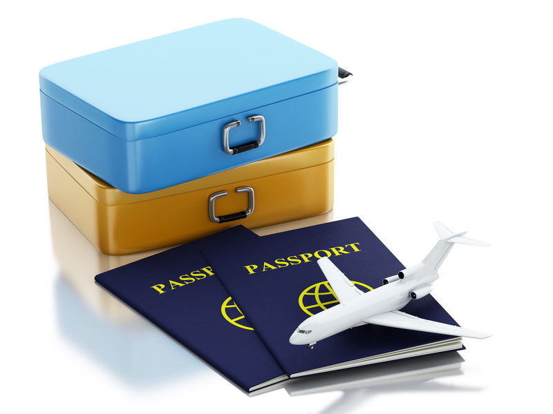 3D护照、飞机和旅行箱