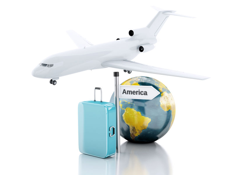 三维旅行箱，飞机和环球。去美国旅行