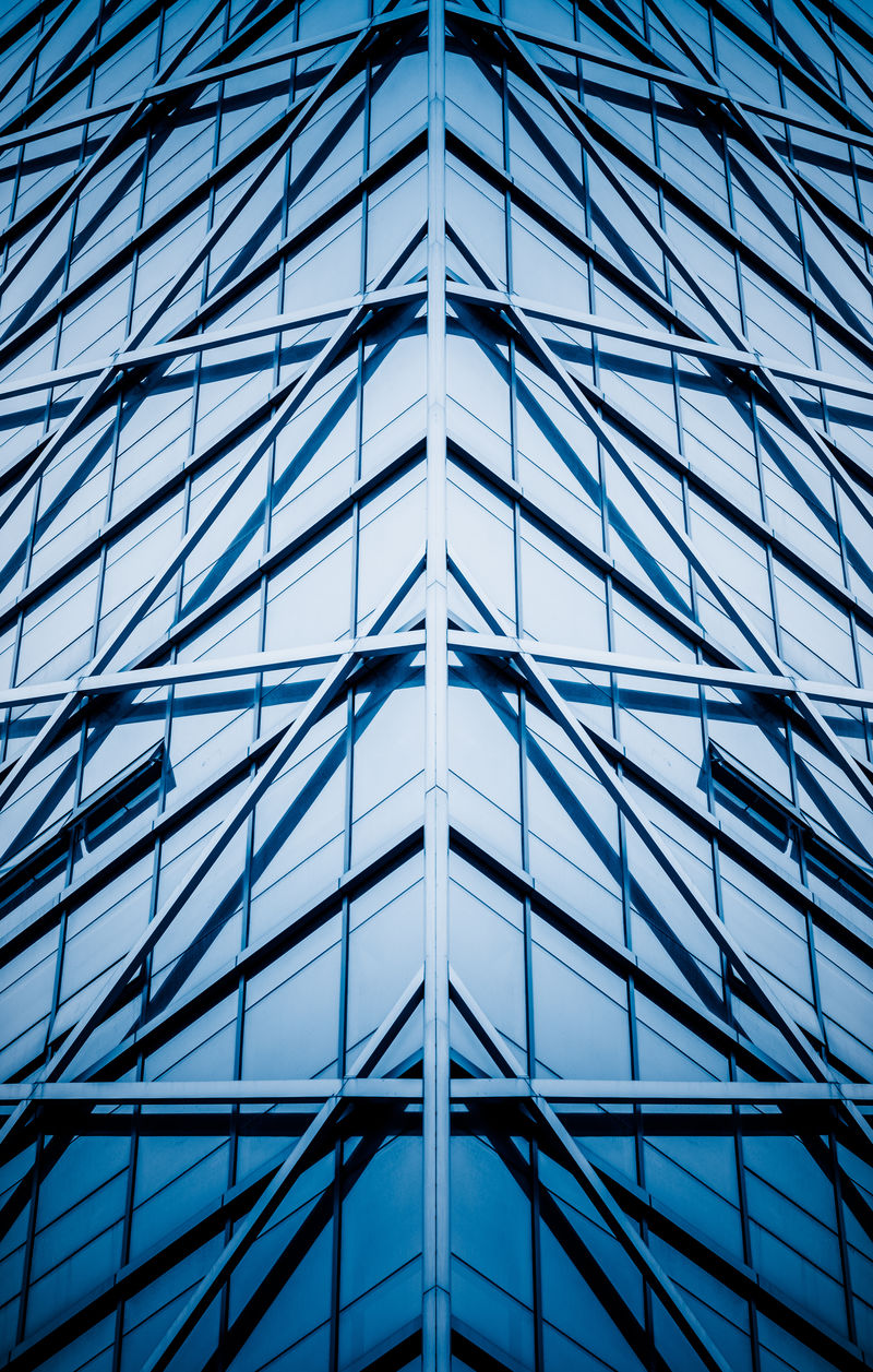 现代建筑外观，蓝色调形象。