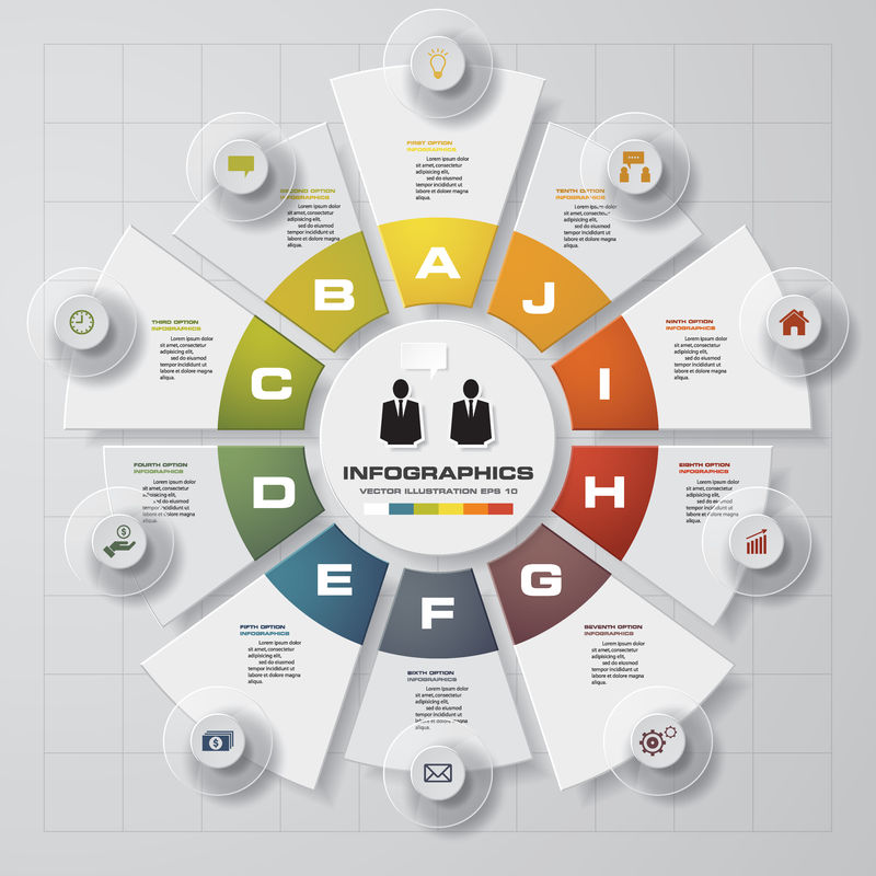 信息图形设计模板和业务概念-包括10个选项、部件、步骤或流程-可用于工作流布局、图表、编号选项、Web设计