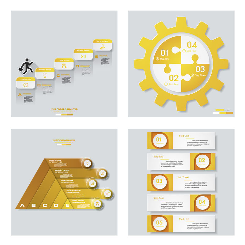 收集4个黄色模板/图形或网站布局-向量背景-为您的想法和演示
