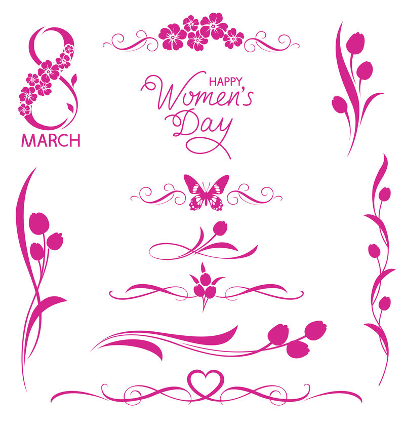 一套装饰性花卉元素-3月8日假期-带有郁金香和花朵剪影的妇女日书法分隔画-快乐的女人&x27；s日短信