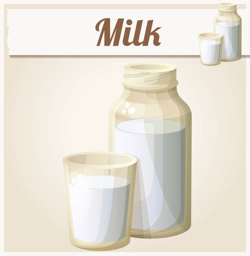 牛奶放在玻璃杯和瓶子里。详细矢量图标