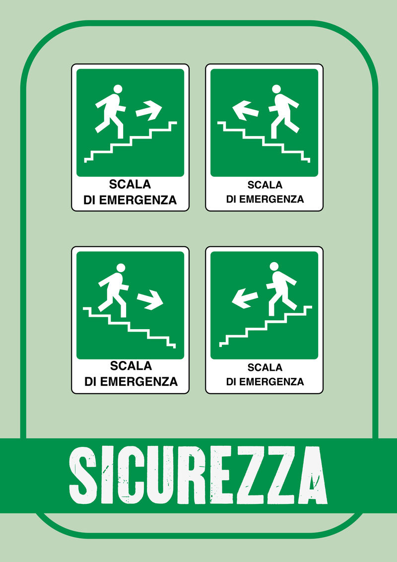 安全标志：多个方向的紧急楼梯