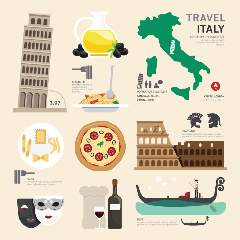 意大利平面图标设计旅游概念。