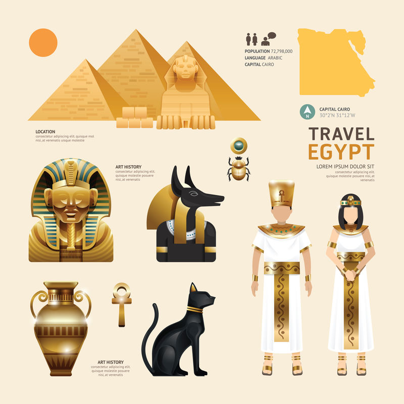 埃及平面图标设计旅游概念。