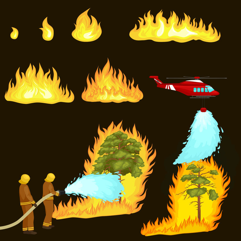 身穿防护服、头戴头盔的消防员用消防水龙带将危险的野火扑灭。消防员和救援直升机扑灭森林景观中的火灾