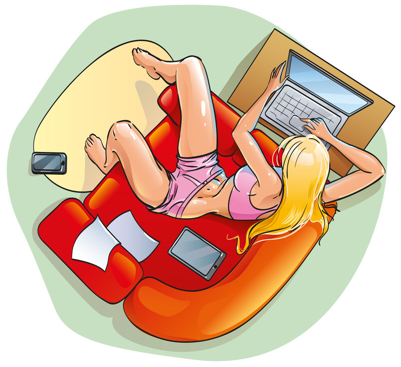 性感的金发女孩坐在红色的椅子上-在社交网络中重写的笔记本电脑上打字-在智能手机和平板电脑旁寻找爱情和约会-罕见异常角度的俯视图-矢量