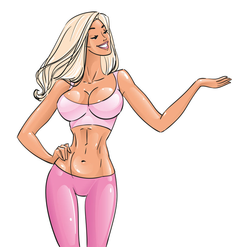 性感的运动女性-穿着运动服的健身教练站在健身房特写镜头中-面带甜甜的微笑-用一个空的手掌向上-孤立的向量来展示张开的手的姿势