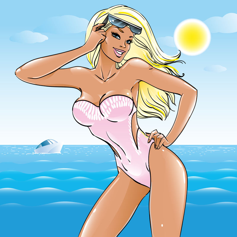 美丽的金发碧眼的女孩穿着比基尼-戴着太阳镜站在海滩上-在海浪、海洋和热带阳光的背景下-在暑假旅游胜地放松