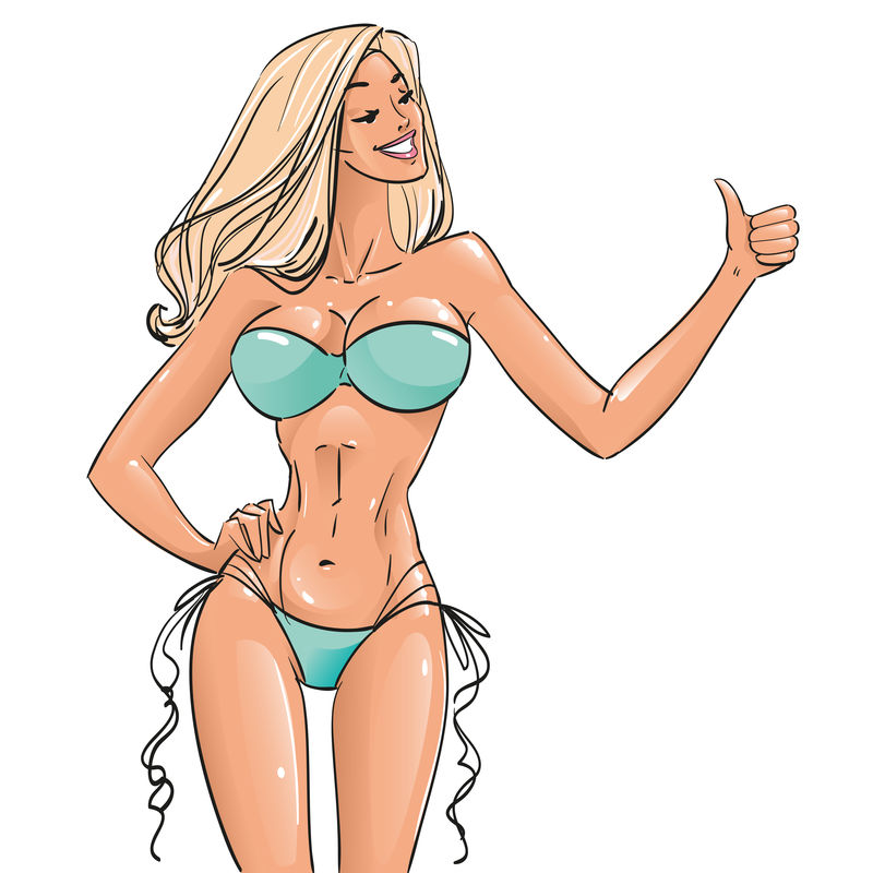 夏天海滩上穿着比基尼泳装的漂亮性感晒黑金发女郎站着-展示着运动身材-竖起大拇指-像招牌手一样-手指手势放在上面-插图孤立