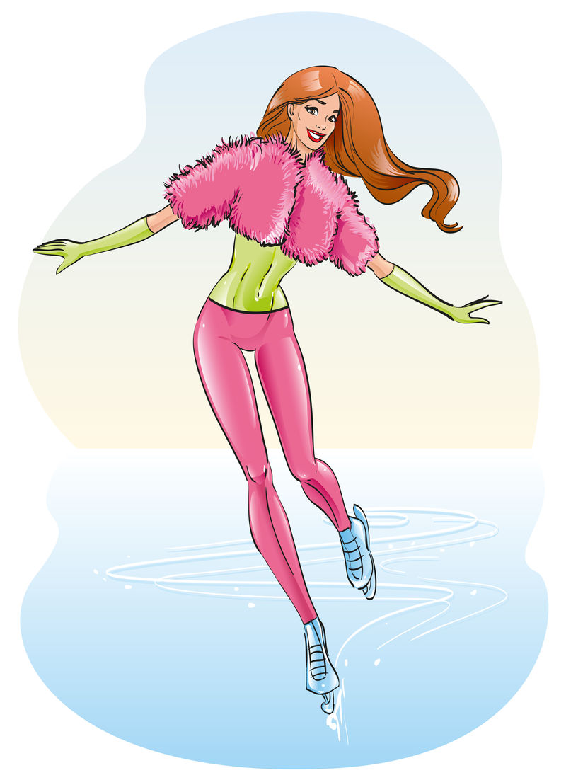 穿着粉色皮毛大衣的红色长发美女冬季在溜冰场溜冰-圣诞节在溜冰-Vector