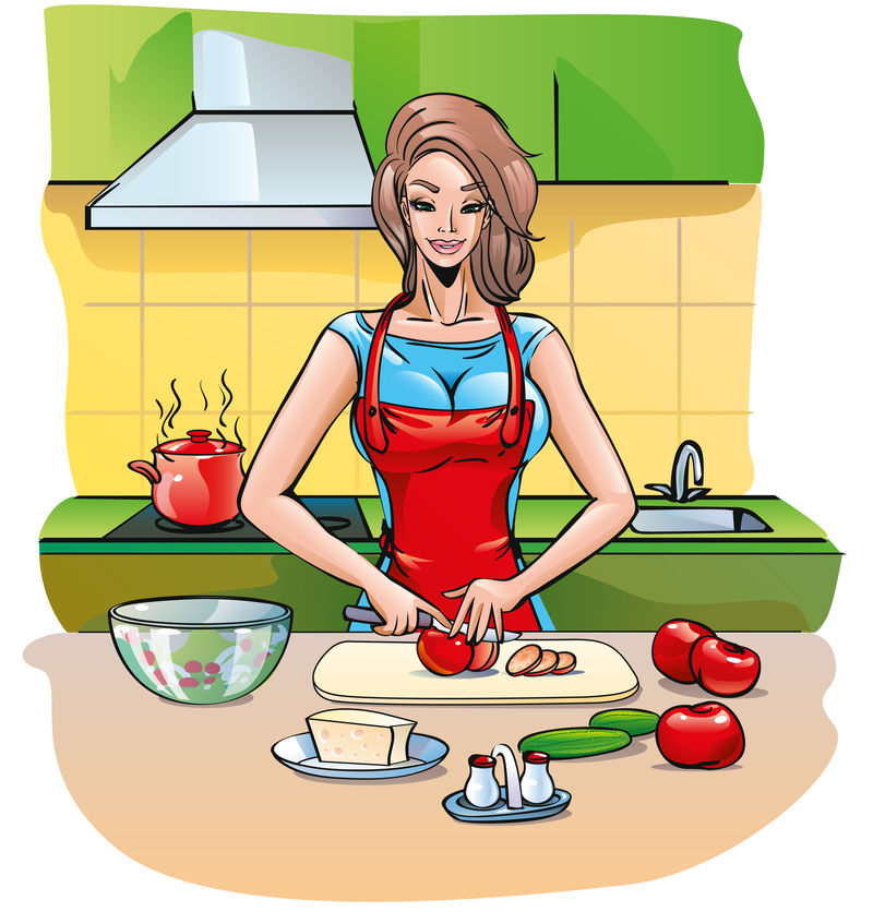 女妈妈-妻子在厨房里做美味的午餐晚餐健康食品-减肥汤切蔬菜沙拉奶酪-西红柿-黄瓜-生菜-香草和调味品