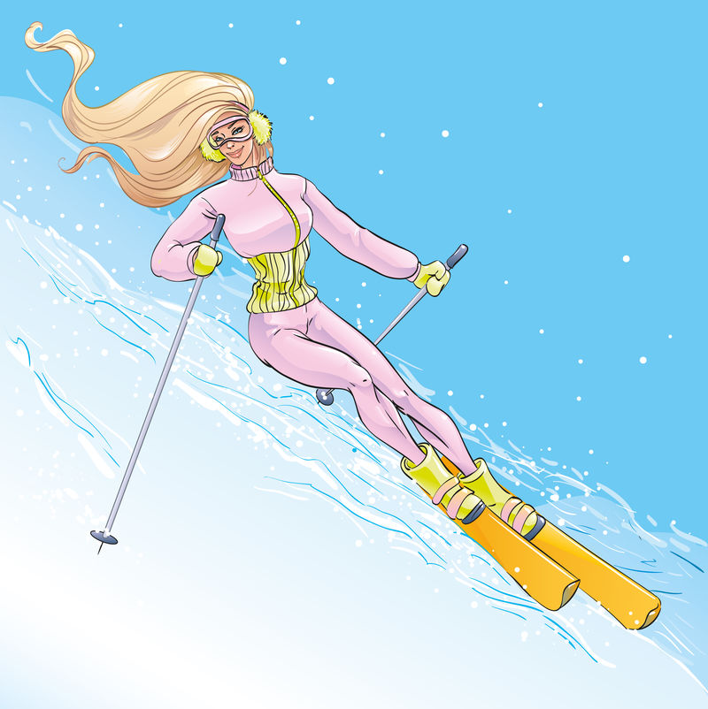 美丽的金发碧眼、笑容满面的女孩在山里滑雪-在新年和圣诞节假期里进行了极为活跃的冬季运动-度过了他的空闲时间和假期-维克托