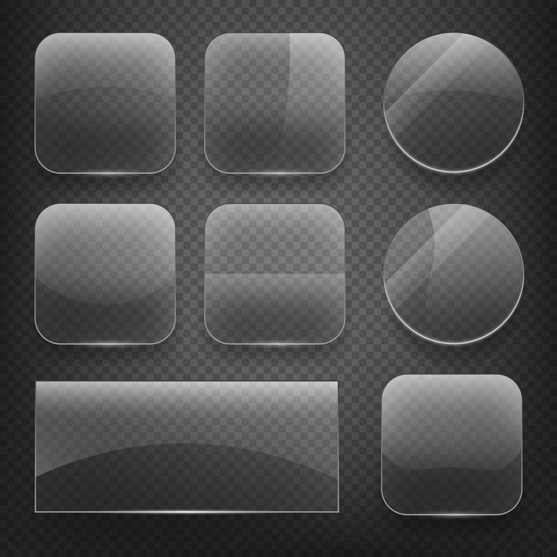 格子背景上的玻璃方形、矩形和圆形按钮。矢量图标集