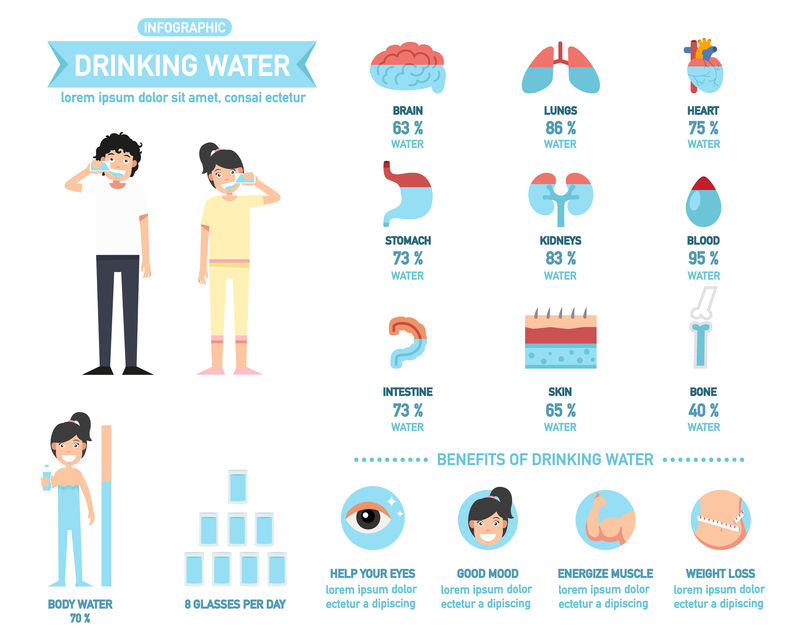 饮用水的益处身体水信息图，矢量