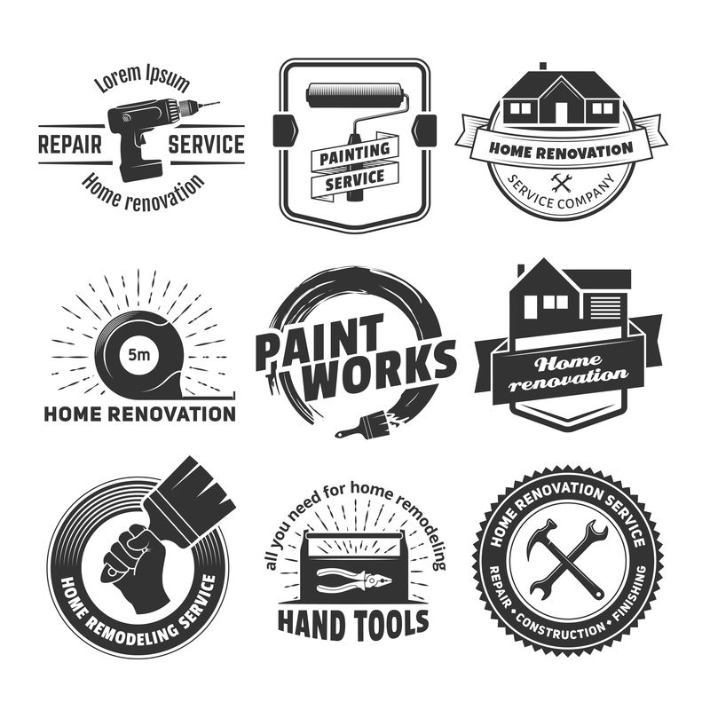 房屋改建标志-家庭装修服务的矢量徽章-一套带有手工工具和设备的老式标签