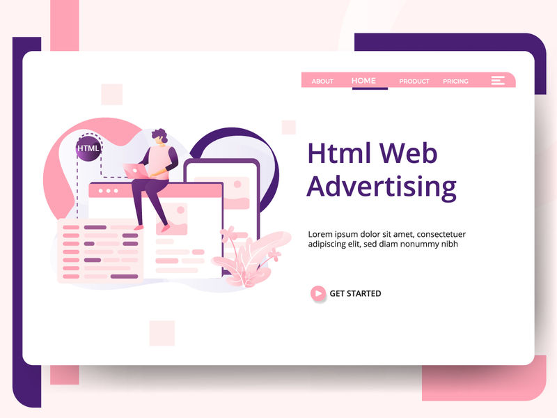 HTML网页广告插图-男性使用笔记本电脑的概念-可用于登录页、模板、用户界面、网络、移动应用程序、海报、横幅、传单-现代向量
