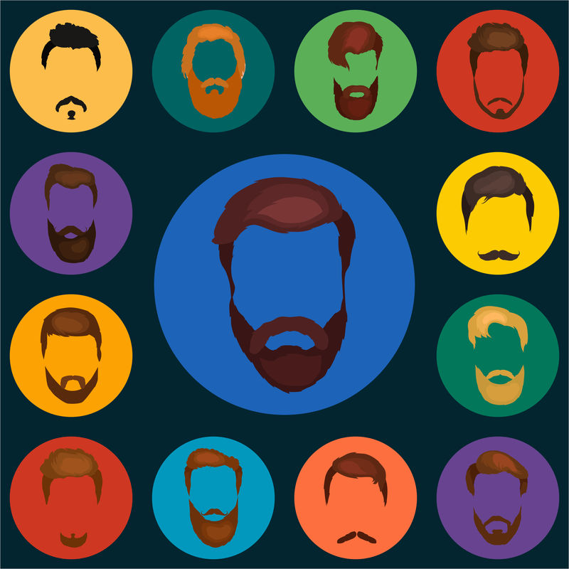 男人的一组胡须和胡子矢量。时尚时髦的胡须和头发独立的插图。人们继承的偶像，收集胡子和胡子理发店。