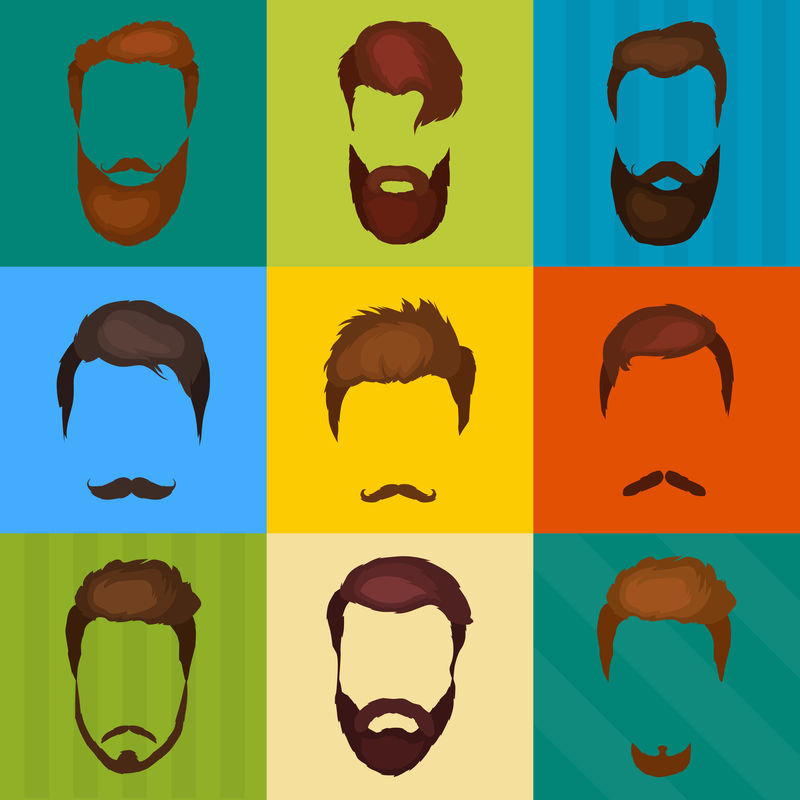 男人的一组胡须和胡子矢量。时髦的斯蒂。男士理发店的时尚发型。独立的男人胡须设计，继承人和胡子的发型。时尚向量插图集。