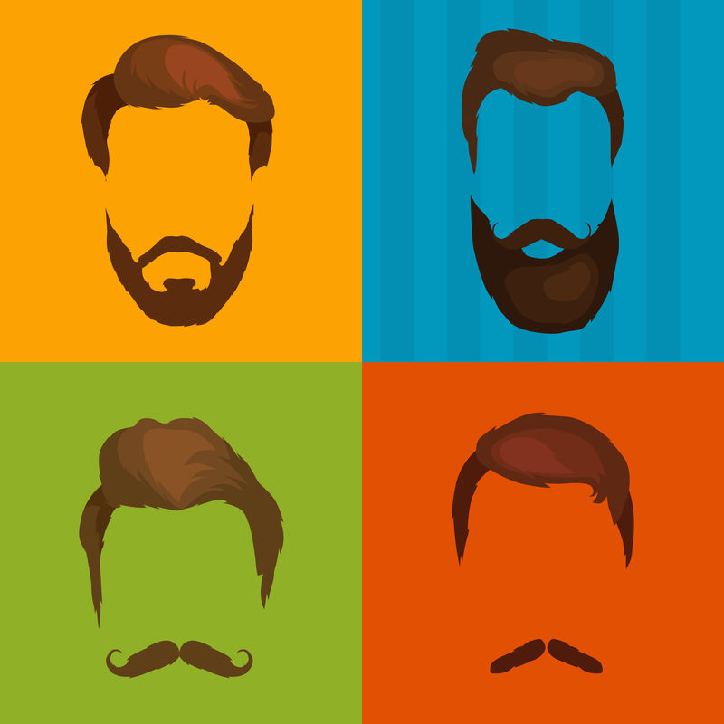 男人的一组胡须和胡子矢量。时尚时髦的胡须和头发独立的插图。人民发型图标，收集胡子和胡子理发店。男子理发店。