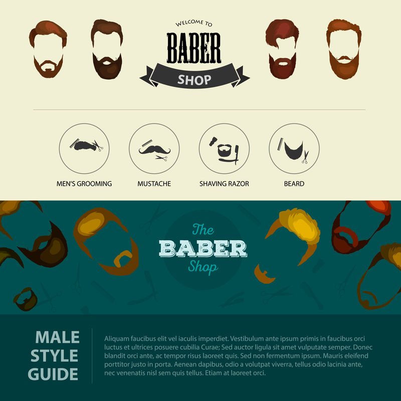 男人的一组胡须和胡子矢量。时尚时髦的胡须和头发独立的插图。人们的发型图标，为理发店收集胡须。男士理发师