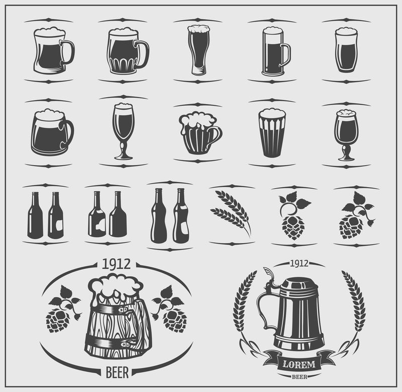 手工绘制的复古黑白现代啤酒主题插图孤立在米色背景-RGB EPS 10矢量元素集