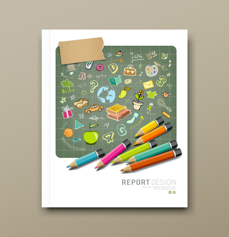 封面报告素描手绘教育图标及彩色铅笔设计背景、矢量图