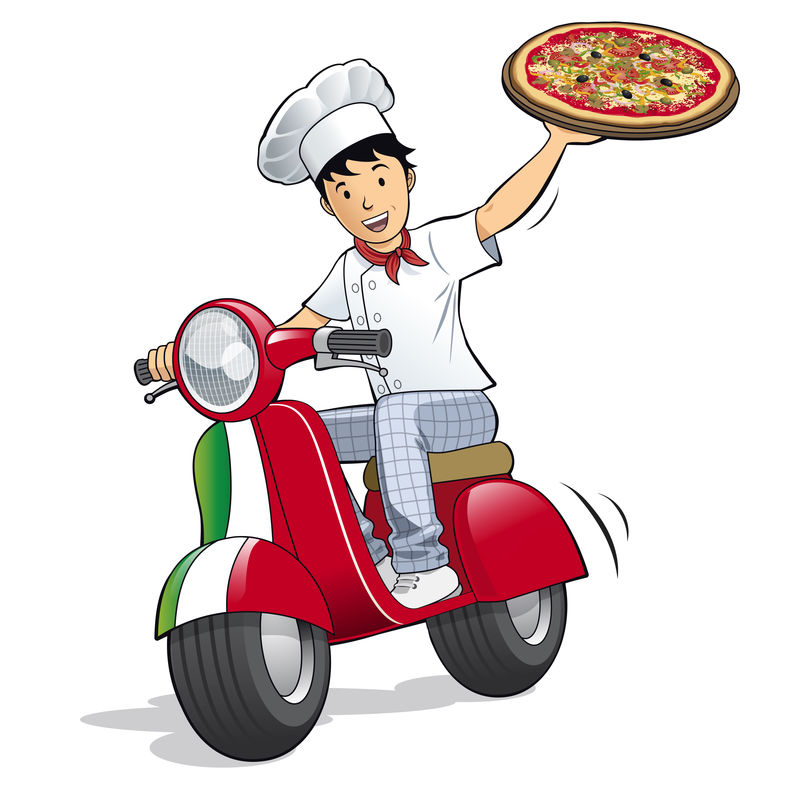 送披萨-一个骑摩托车的男孩送热比萨饼