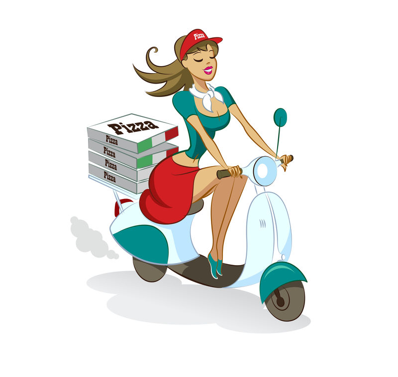 披萨。性女孩。小型摩托车。送货