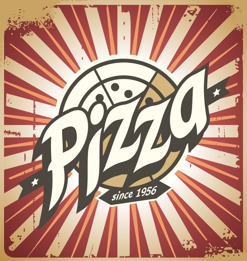 复古披萨标志、海报、模板或披萨盒设计-比萨店或餐厅的复古印花设计-垃圾食品设计封面