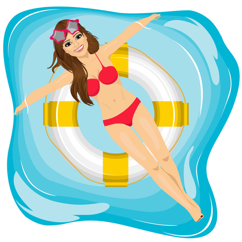 漂亮的年轻女孩在游泳池里放松，漂浮在充气圈上