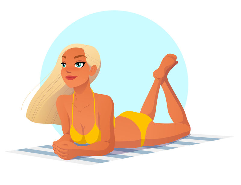躺在沙滩上的漂亮女孩。卡通矢量插图隔离在白色背景上。