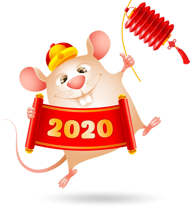 2020年新年快乐-有中国卷轴的小老鼠-鼠年-翻译新年快乐-白色背景下分离的老鼠卡通矢量图