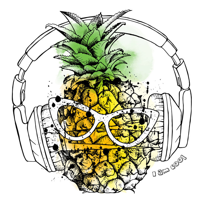戴着耳机和眼镜的菠萝水果图片-矢量图解