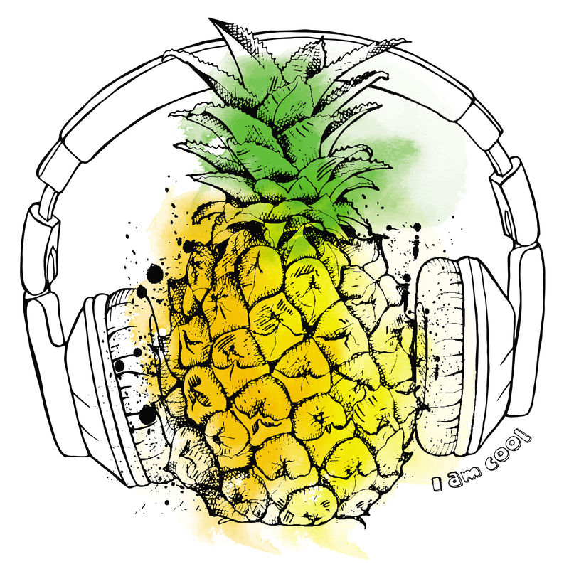 菠萝水果和耳机的图片-矢量图解