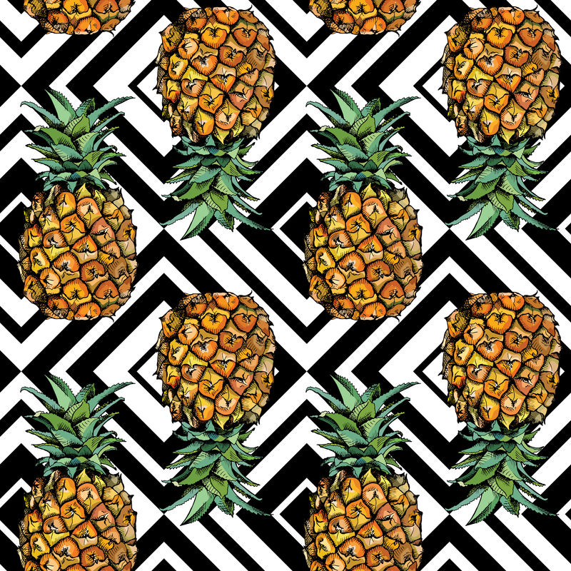 奇异的无缝图案-几何背景上有棕榈和菠萝的图像-矢量图解