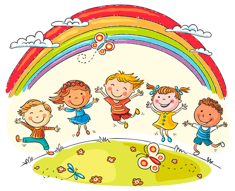 孩子们在彩虹下欢蹦乱跳