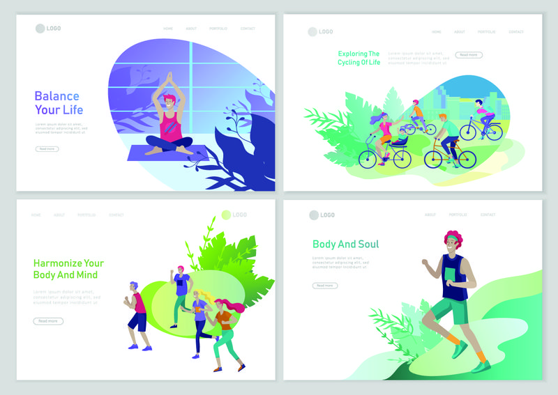登陆页面模板与人跑步-骑自行车-男子做瑜伽-人们在公园或大自然中进行户外运动-健康的生活方式理念-卡通插画