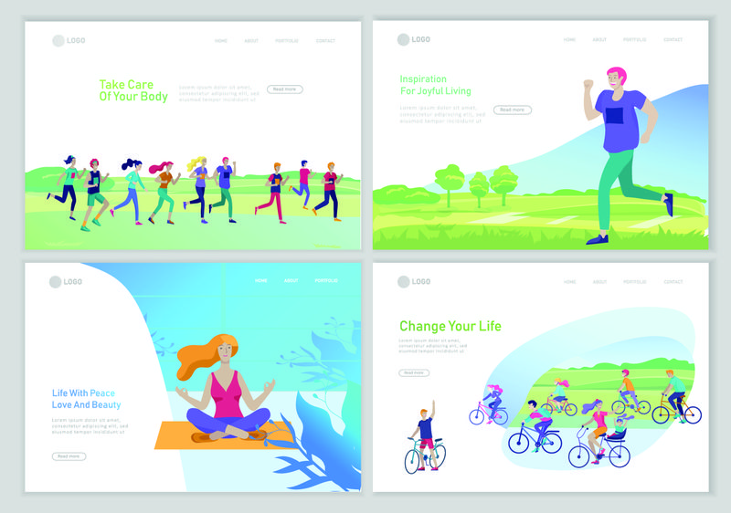 登陆页面模板与跑步男子-家庭骑自行车-男子做瑜伽-人们在公园或自然中进行体育户外活动的观念-健康的生活方式-卡通插画