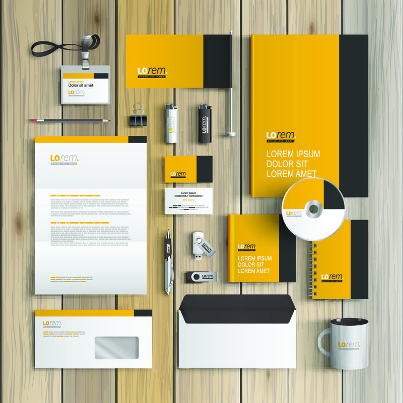 经典的黄色企业标识模板设计与黑色垂直线-商务文具