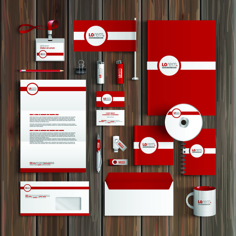 红色经典企业身份模板设计与白线-商务文具