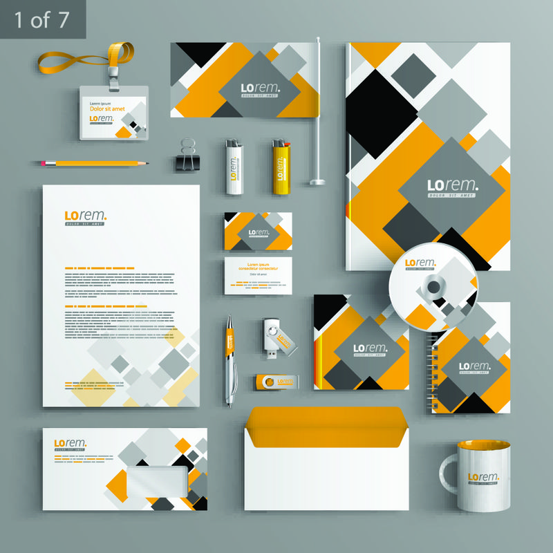 灰色和黄色几何元素的白色企业标识模板设计-商务文具