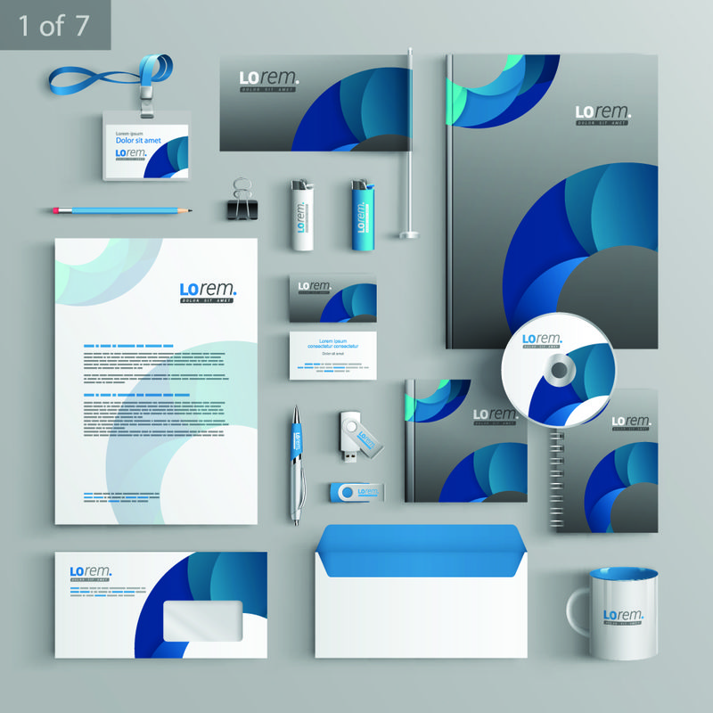 蓝色圆形元素的灰色文具模板设计-商业文件